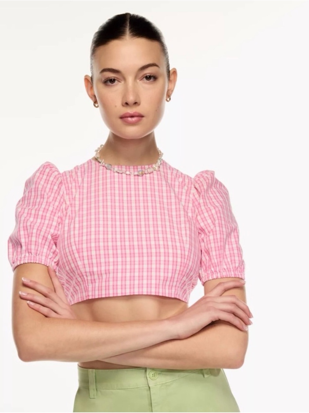 Aritzia Sunday Best Pink Gingham Puff-Sleeve Crop Top